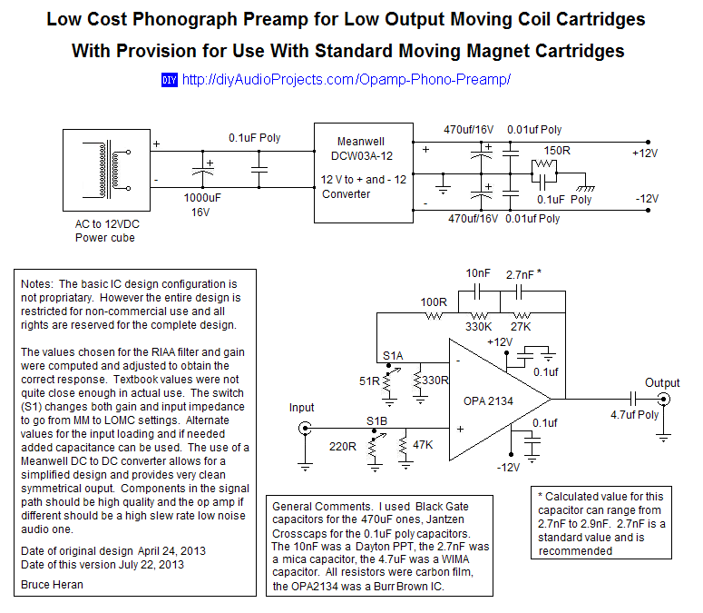OPA2134 Op-amp based Moving Magnet (MM) and Moving Coil (MC) Phono Preamp Schematic OPA2134 Op-amp MM MC RIAA Phono Preamplifier Schematic